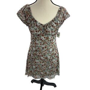 Ultra Flirt Womens M Dress Floral Print Short Sleeve Smocked Bodice Mini Summer